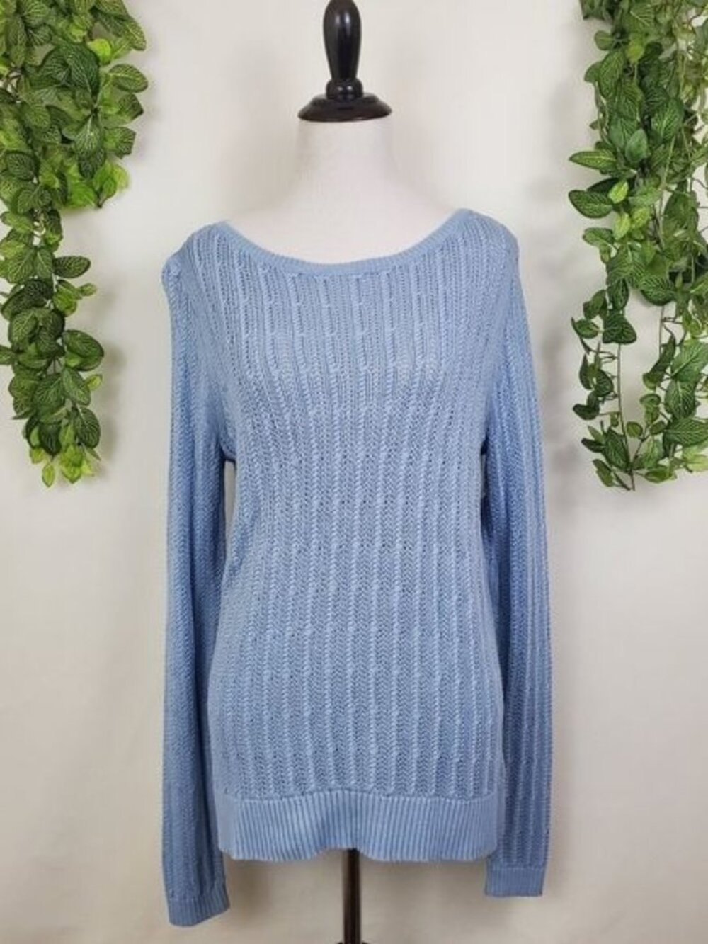 Ann Taylor Loft Light Blue Open Knit Lightweight Pullover Medium Long Sleeve